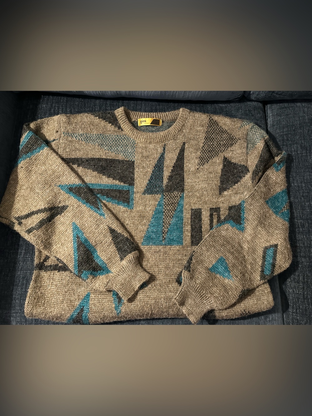 Vintage 1980’s Men's Geometric Pattern Crewneck Sweater - Teal & Brown